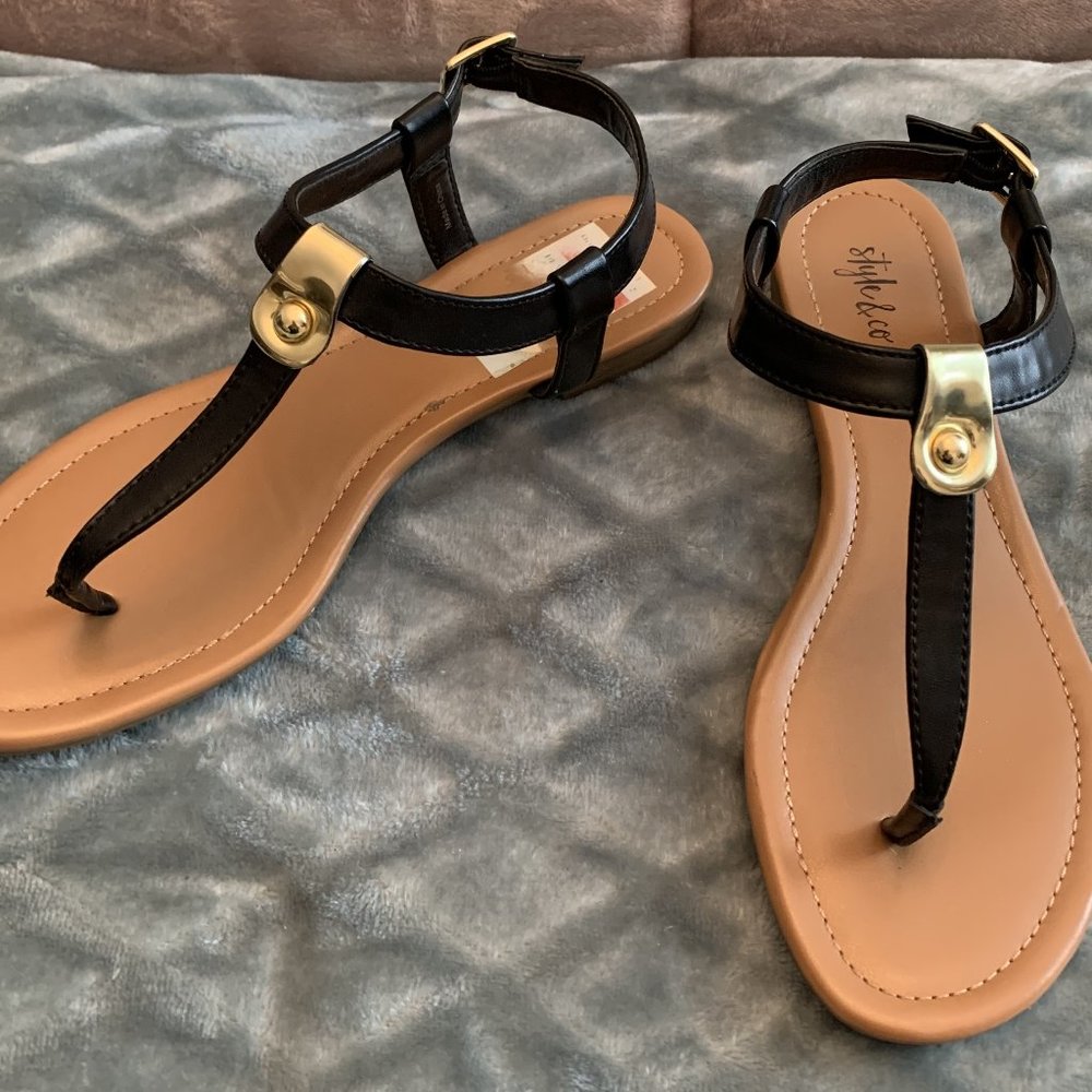 Style & Co. Black T-Strap Sandals with Gold Accent size 7.5